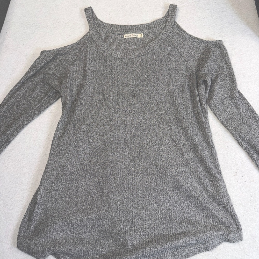 Heart Hips Gray Cold Shoulder Rib Knit Sweater Top Women's Small Soft Casual